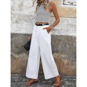 Minimalist wide leg high waisted pants white boho